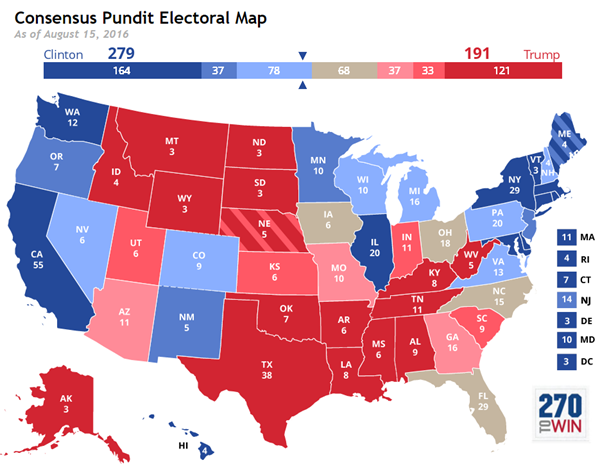 Latest Consensus Pundit Map Puts Clinton Over 270 Electoral Votes